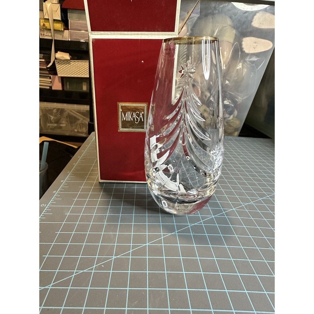 Mikasa Holiday Pine Gold Crystal Bud Vase With Gold Rim 6" In Original Box